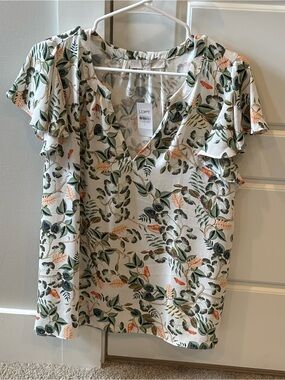 LOFT White Botanical Flutter Sleeve V-Neck Top
